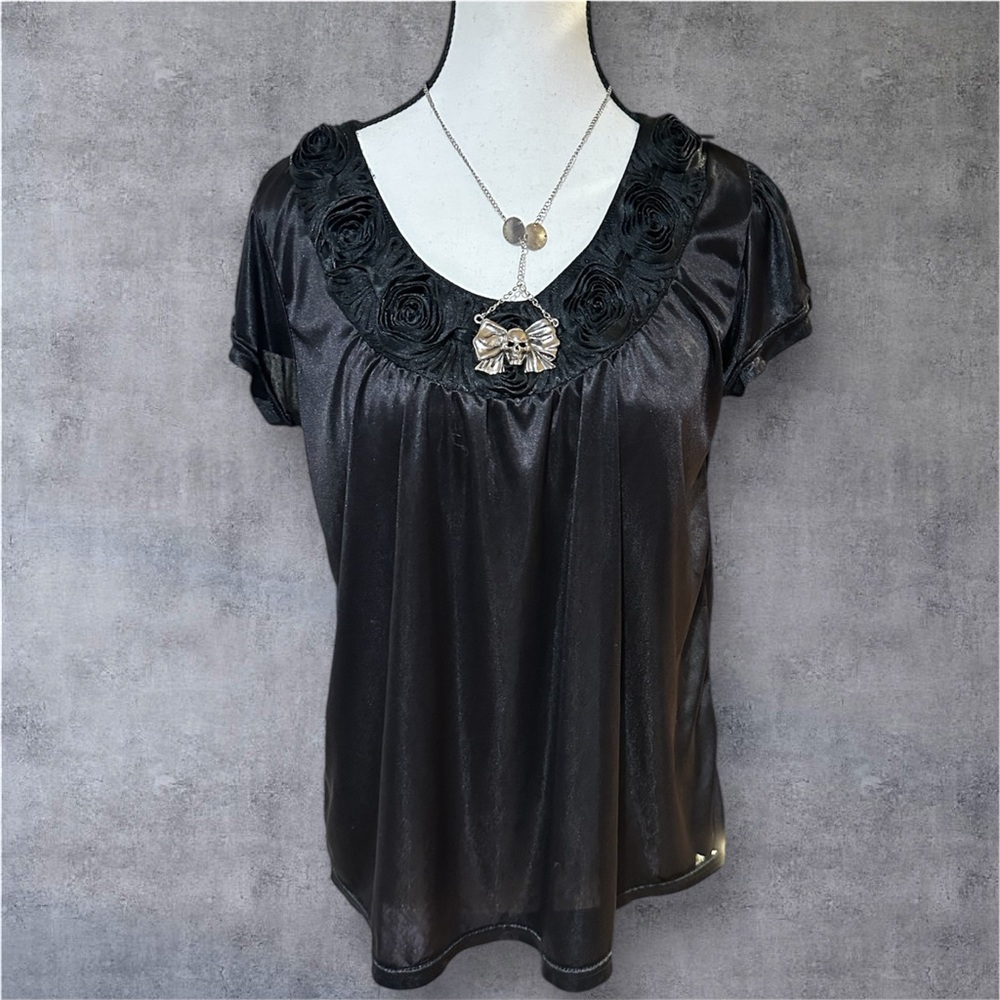Vintage nightgown cami Black Satin Top with Floral Neckline